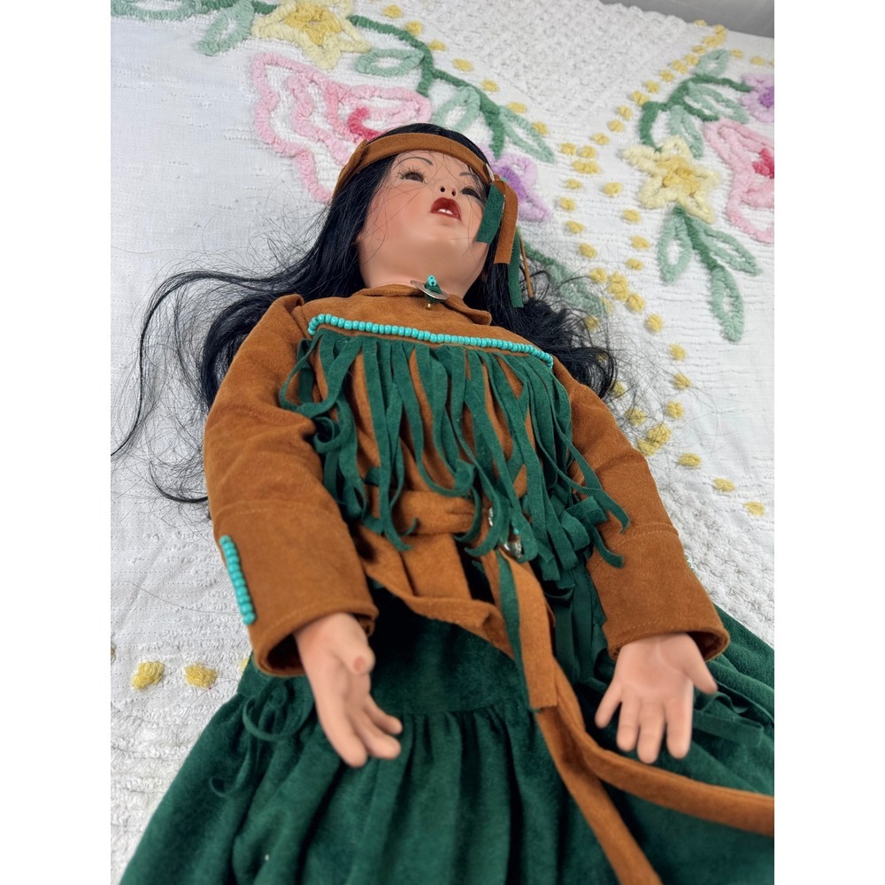 Native American Style Doll Collectible Porcelain Doll in Green Dress - Picture 7 of 9